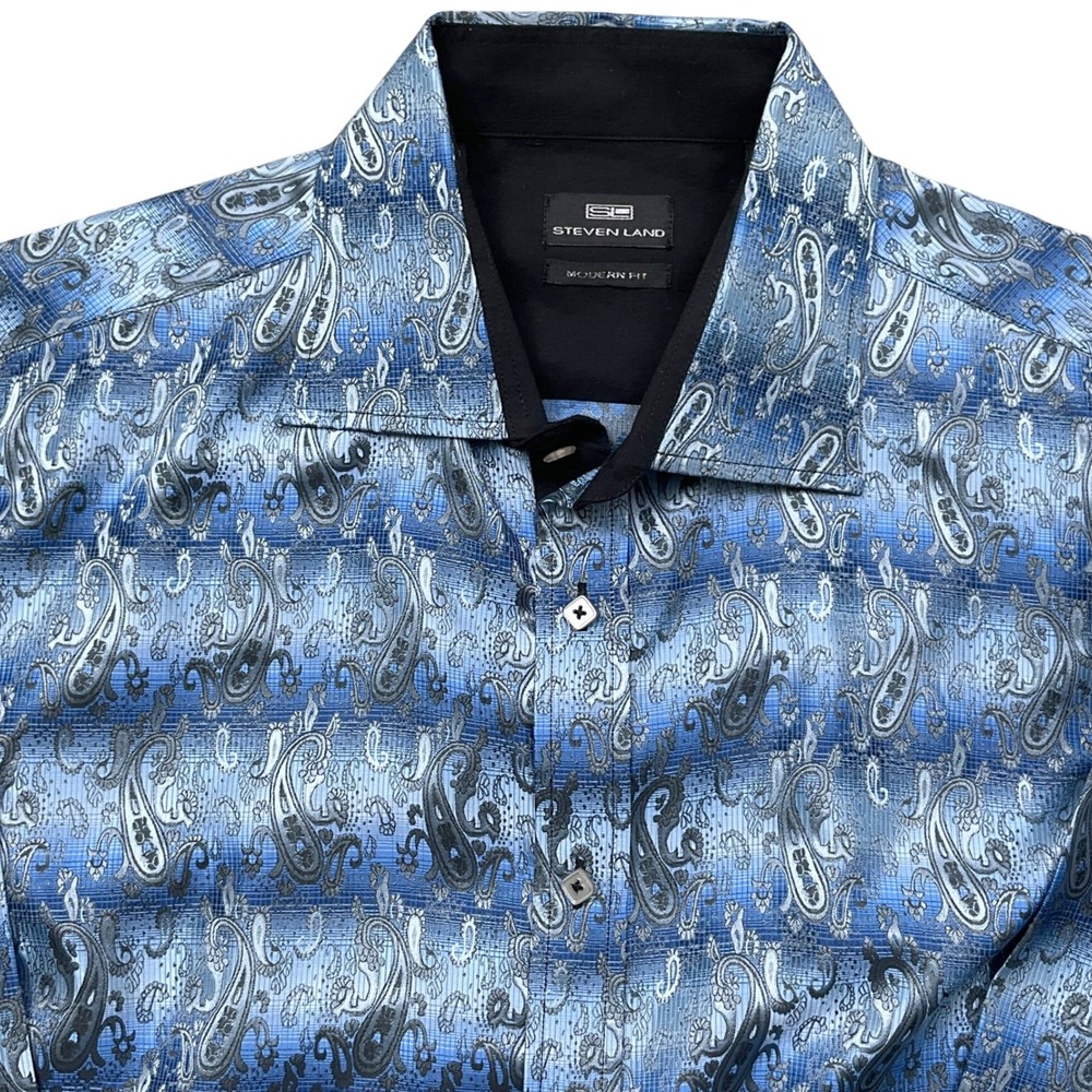 Steven Land Shirt Men 2X Blue Gray Paisley Modern Fit Party Groovy Statement‎
